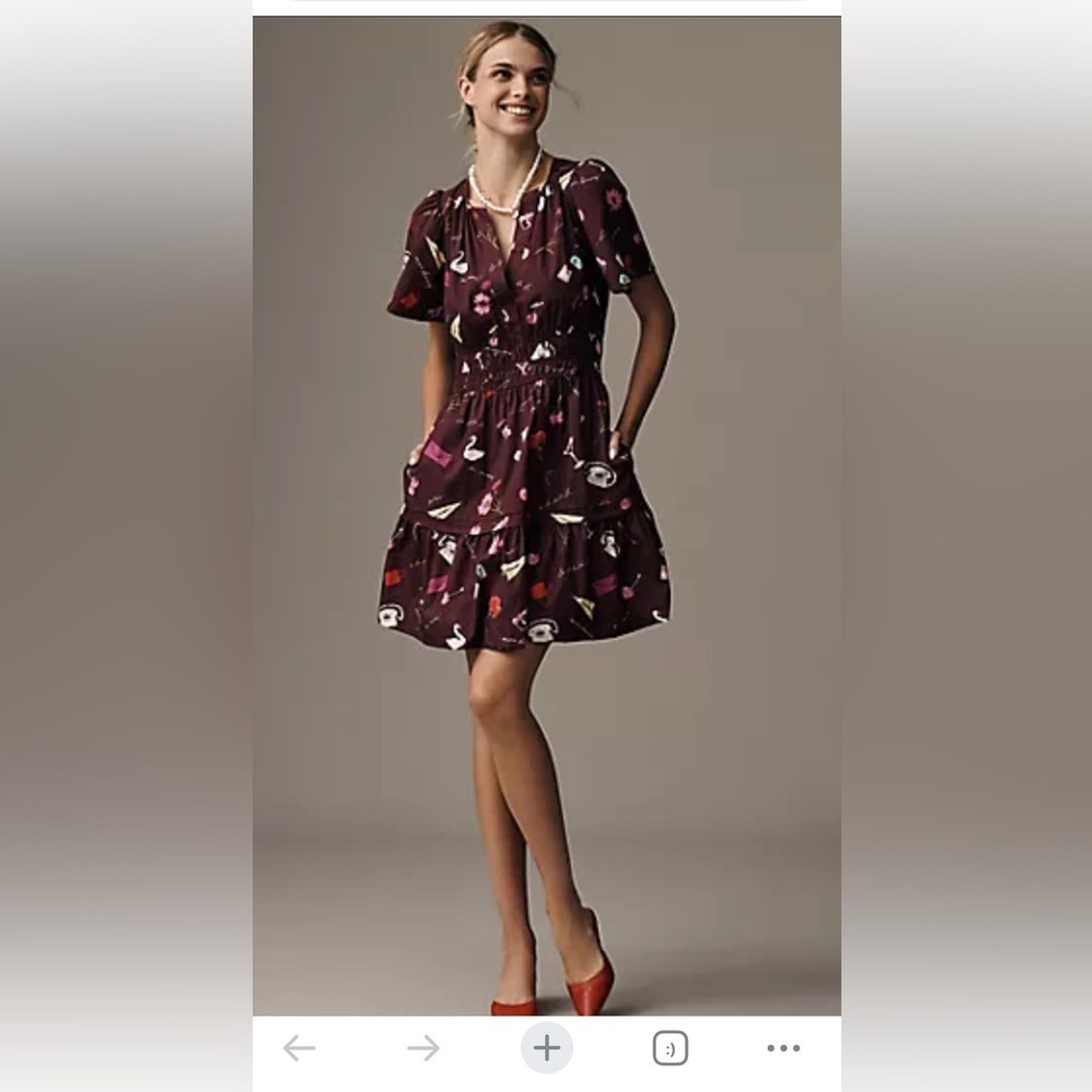 NWT Anthropologie Somerset Burgundy Swan Printed Short Tiered Dress Medium
